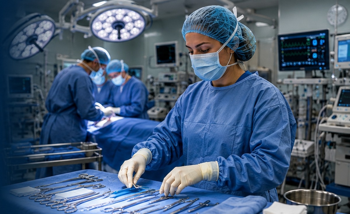 Surgical technologist preparing sterile instruments in a modern operating room